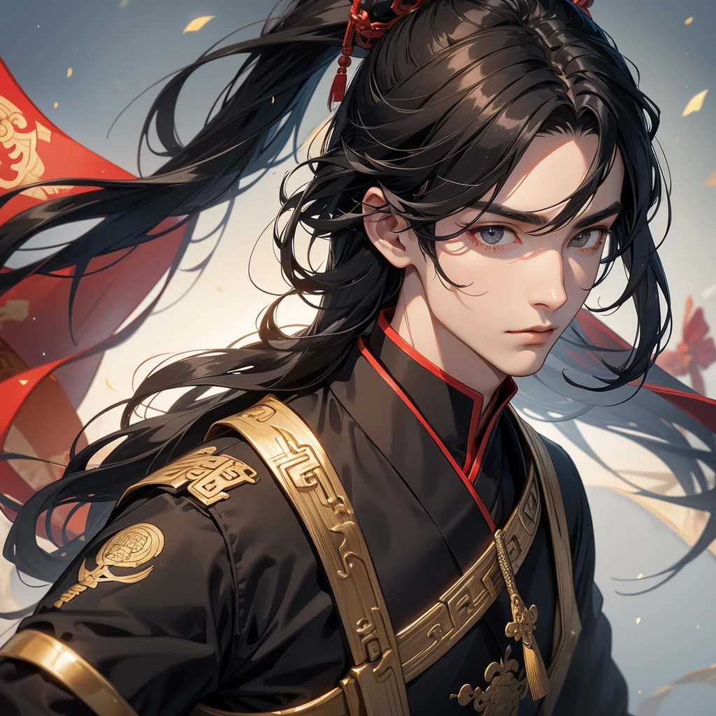 A handsome black-haired male general holding a large sword in an ancient Chinese general uniform is on an ancient Chinese battlefield. close up.