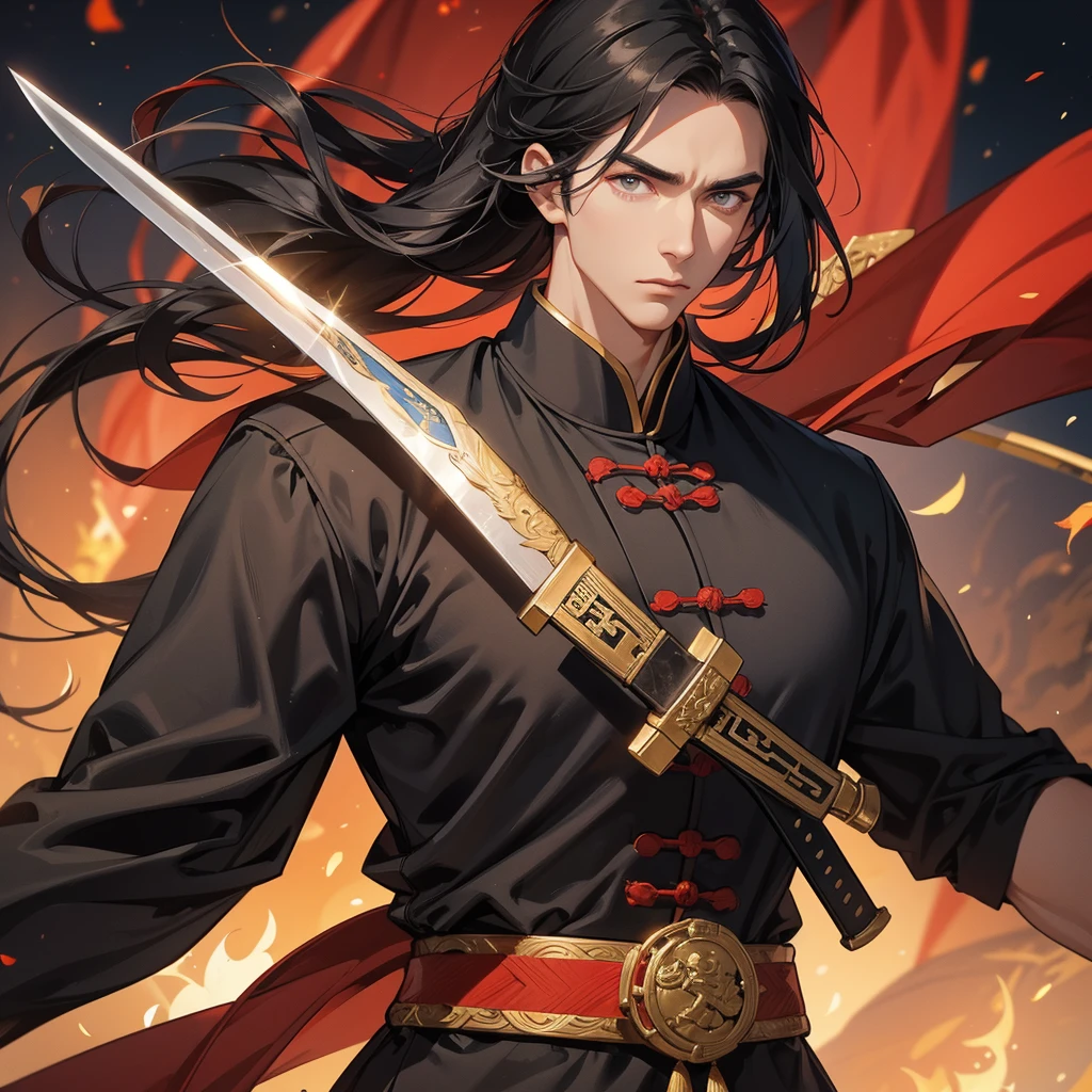 A handsome black-haired male general holding a large sword in an ancient Chinese general uniform is on an ancient Chinese battlefield. close up.