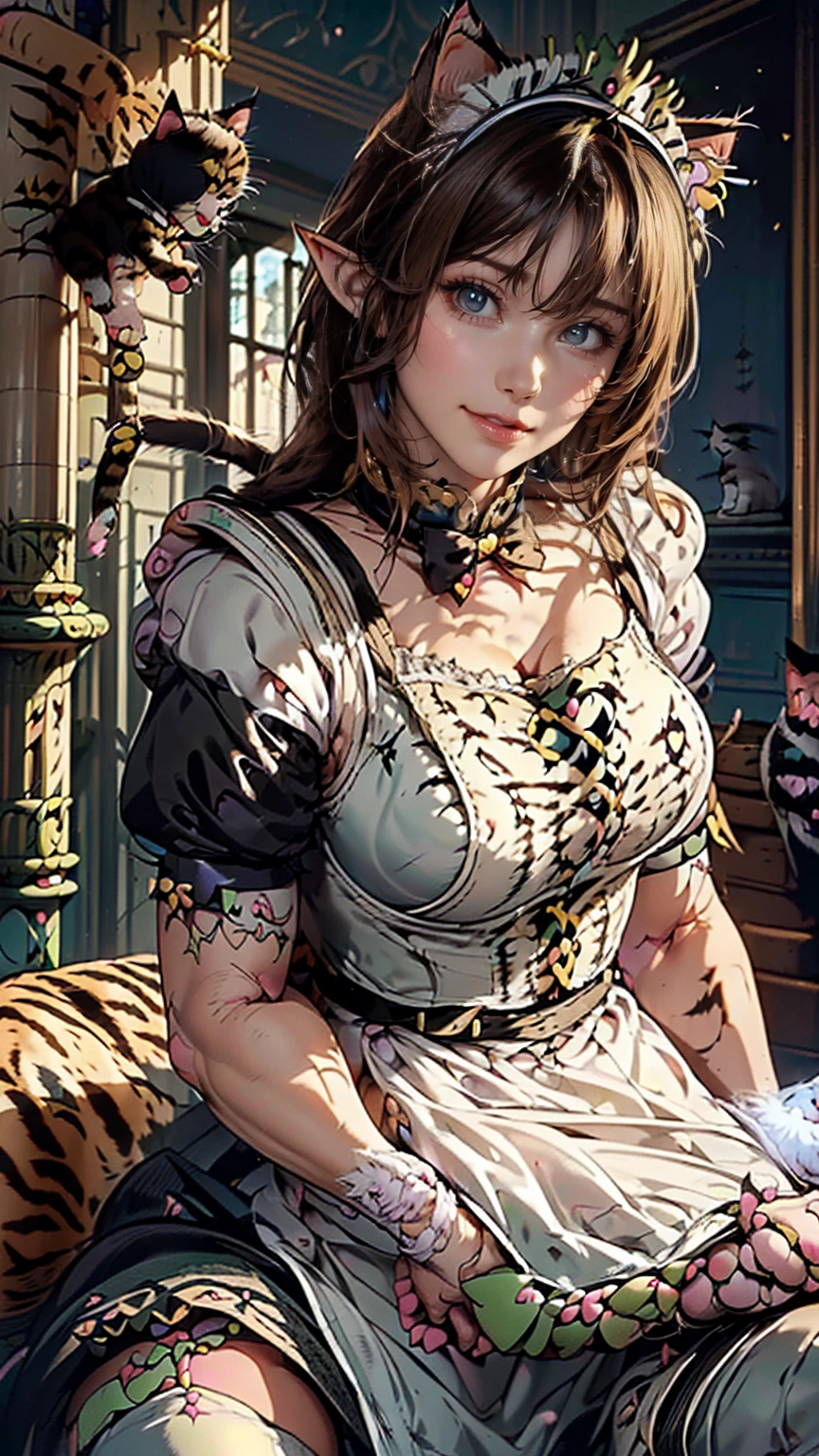 Beautiful woman, (Elf Queen:1.4) Sitting on the throne,(Cat maid outfit:1.8) , Perfect Face, whole body, Victorian era, Aristocratic costume, Intricate decoration, spelling, talk, smile, Put your arms behind your back, Soft Rim Light, Beautifully detailed skies, masterpiece, Ultra-high resolution, high quality, 4K, (photographrealistic:1.2), photograph,