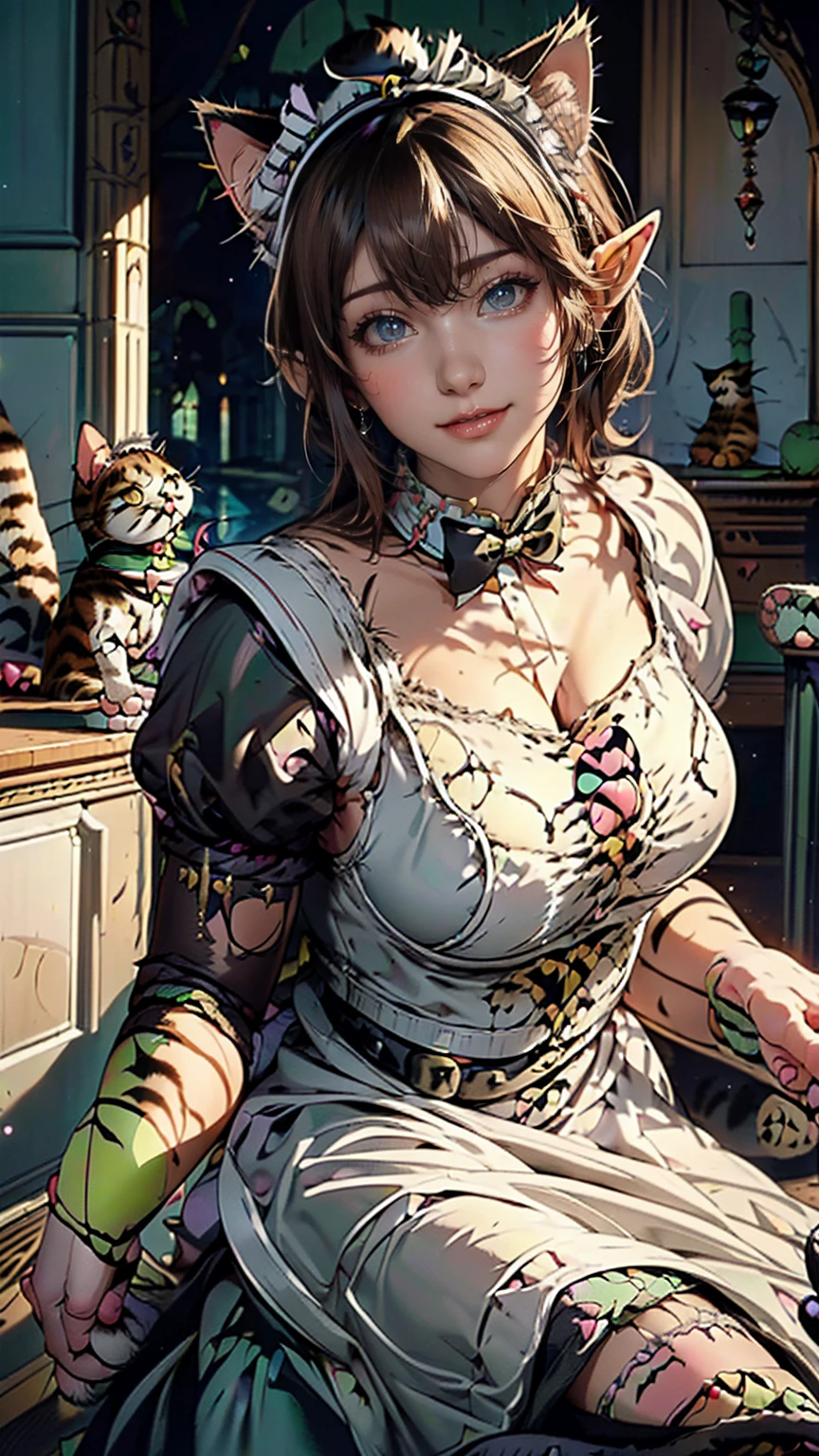 Beautiful woman, (Elf Queen:1.4) Sitting on the throne,(Cat maid outfit:1.8) , Perfect Face, whole body, Victorian era, Aristocratic costume, Intricate decoration, spelling, talk, smile, Put your arms behind your back, Soft Rim Light, Beautifully detailed skies, masterpiece, Ultra-high resolution, high quality, 4K, (photographrealistic:1.2), photograph,
