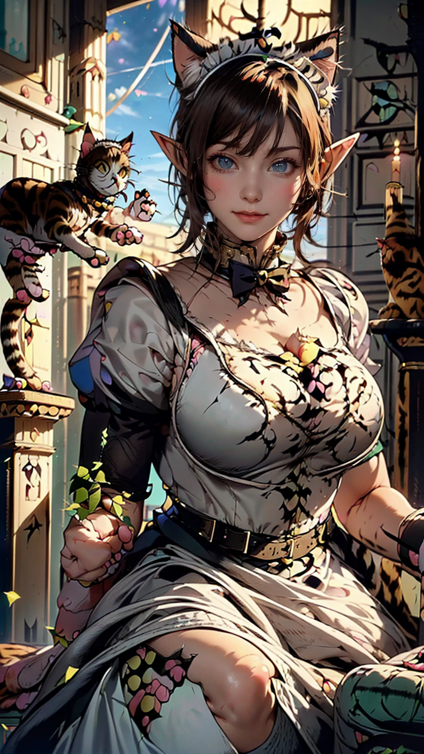 Beautiful woman, (Elf Queen:1.4) Sitting on the throne,(Cat maid outfit:1.8) , Perfect Face, whole body, Victorian era, Aristocratic costume, Intricate decoration, spelling, talk, smile, Put your arms behind your back, Soft Rim Light, Beautifully detailed skies, masterpiece, Ultra-high resolution, high quality, 4K, (photographrealistic:1.2), photograph,