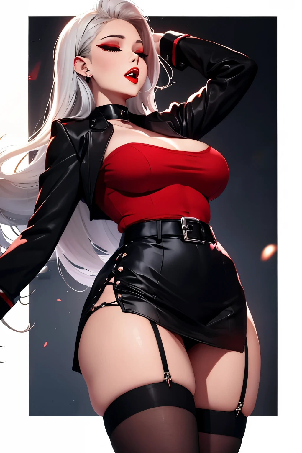 Karol G, red lips, black skirt, closed eyes, orgasm eyes