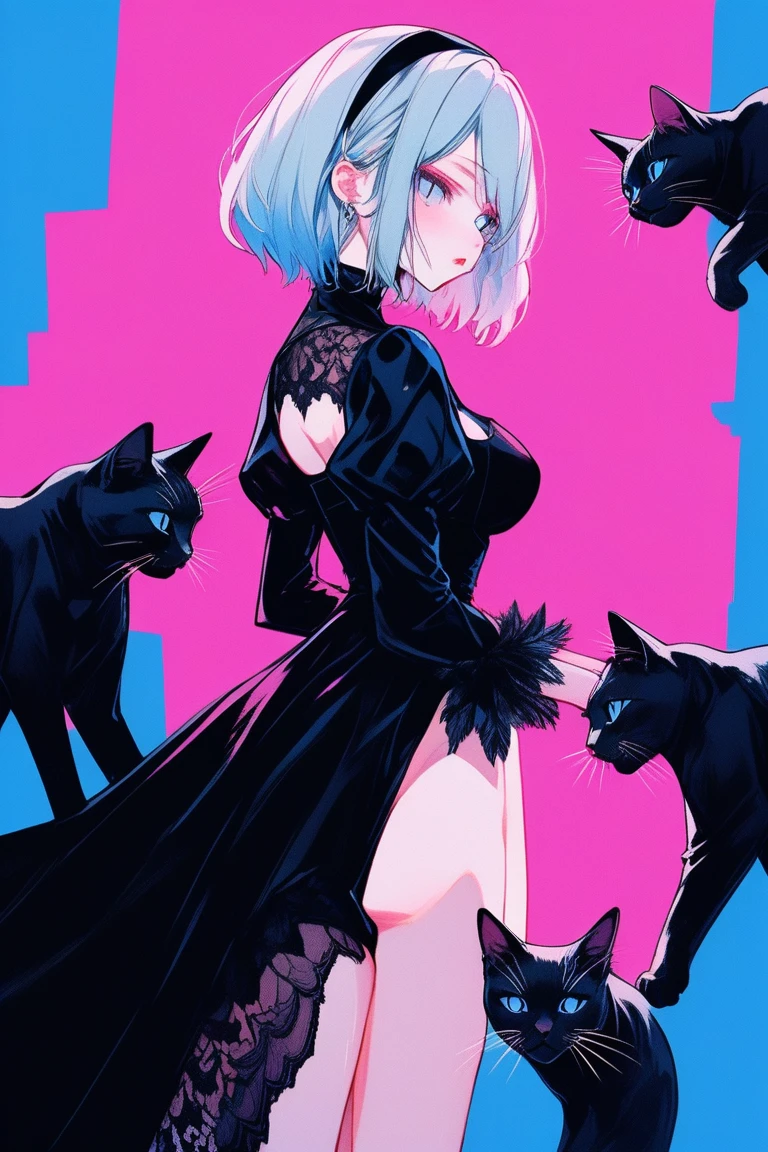 Illustrator, anime , Realistic ,sketch , 1 person, model, Age 25, lip, A black gothic dress with abundant lace and a see-through design., order, Blue and pink gradient background, Neon Medium Hair, Big Breasts, look back, Upper Body, Holding a black cat, Sexy look, Texture Trim, Canadian, (masterpiece,Highest quality)