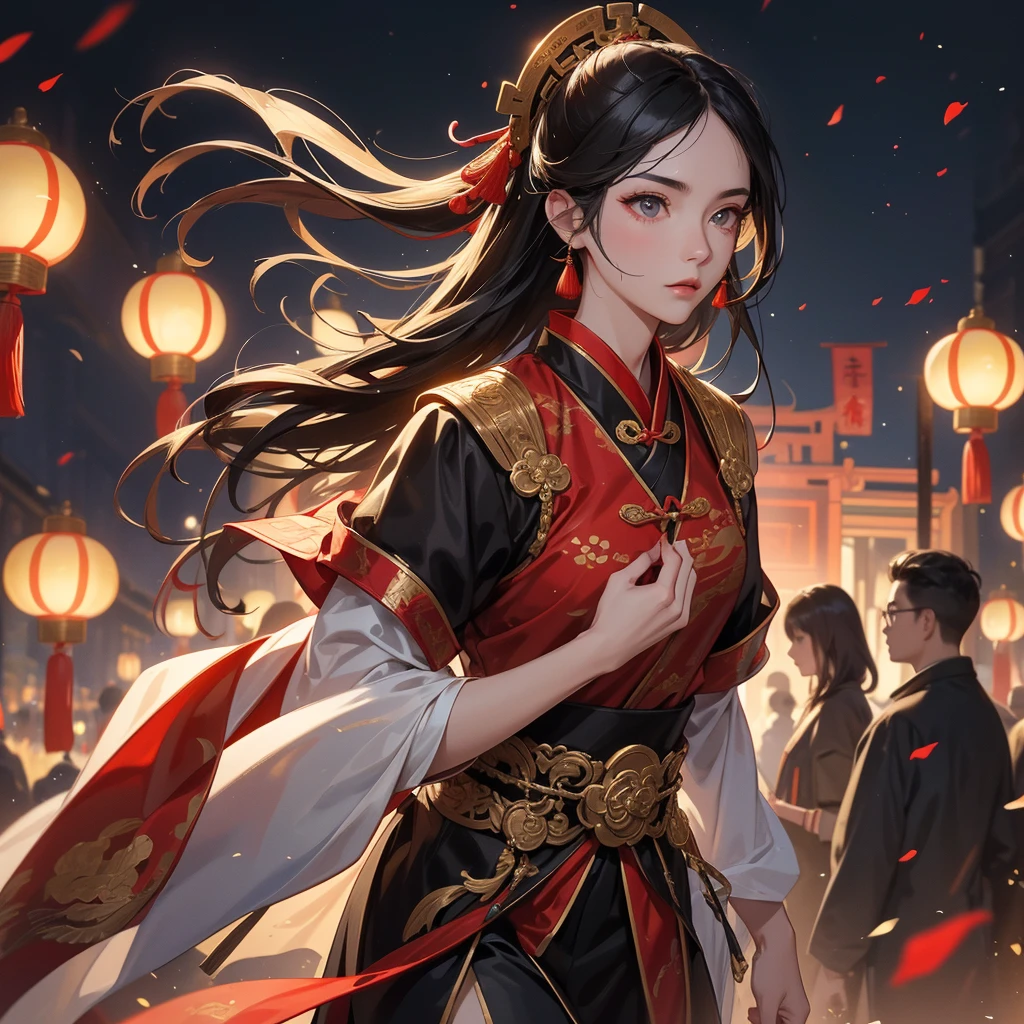 Handsome black-haired male general holding a large sword in ancient Chinese general costume, walking in the city at the night lantern festival. Beautiful female general holding a large spear in ancient Chinese general costume, walking in the city at the night lantern festival.close up.