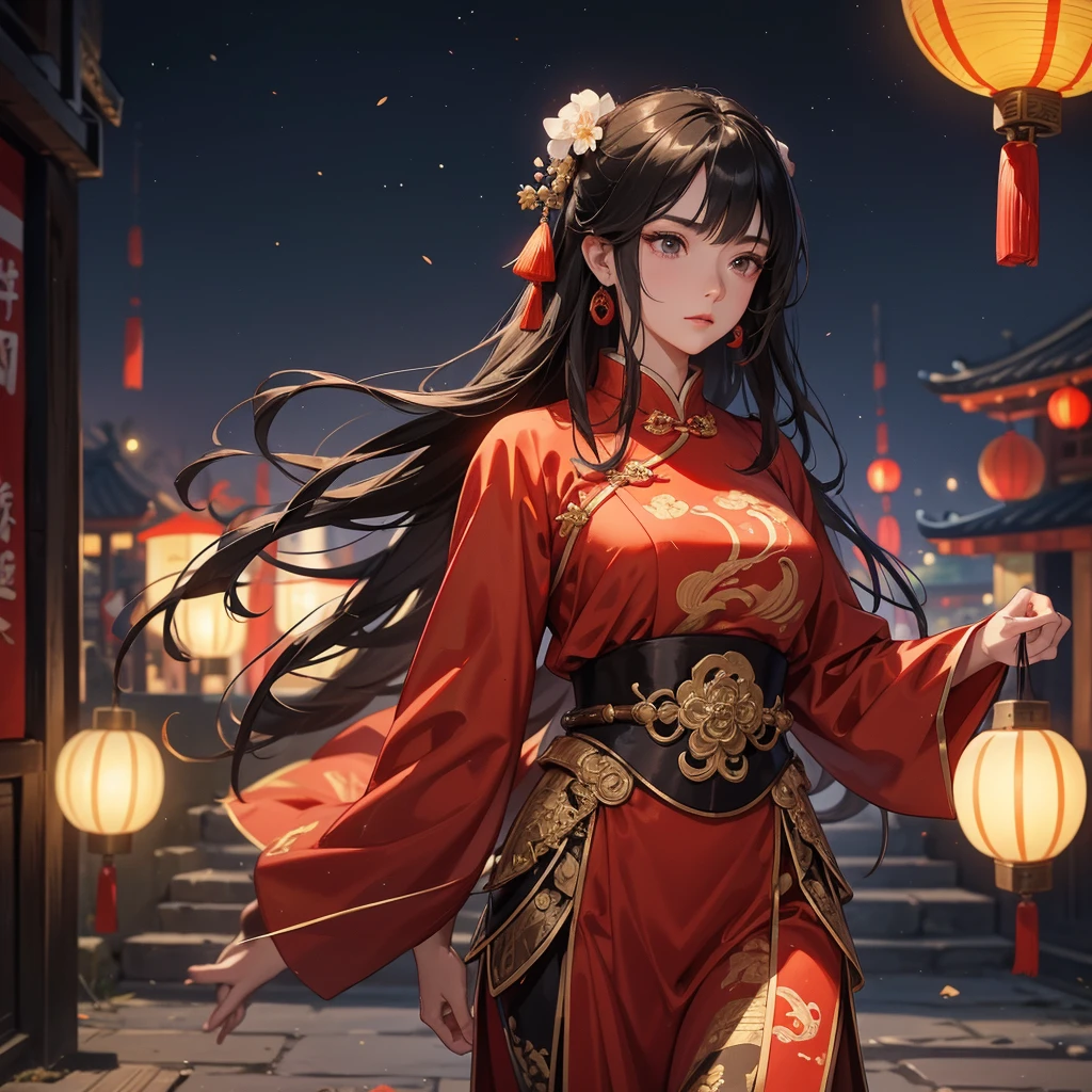 Handsome black-haired male general holding a large sword in ancient Chinese general costume, walking in the city at the night lantern festival. Beautiful female general holding a large spear in ancient Chinese general costume, walking in the city at the night lantern festival.close up.