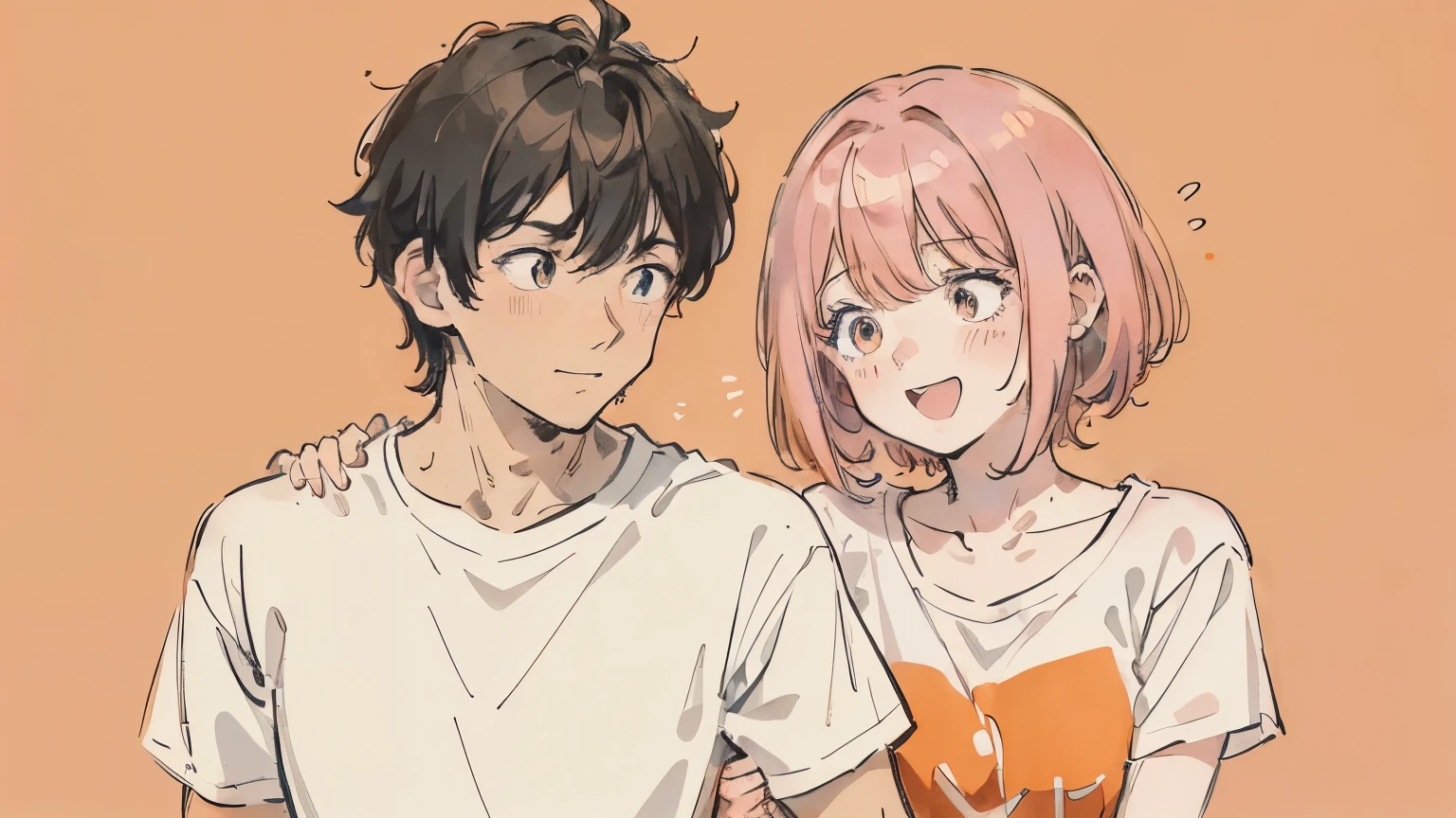 1 woman (pink hair, medium hair, orange shirt), 1 man (black hair, short hair, white shirt), upper body composition, side angle, no background, man hugging woman from behind, 2 people (man and woman) , the woman has a surprised face, the man has a smile, the woman is cute, the man is cool, the highest quality, a masterpiece