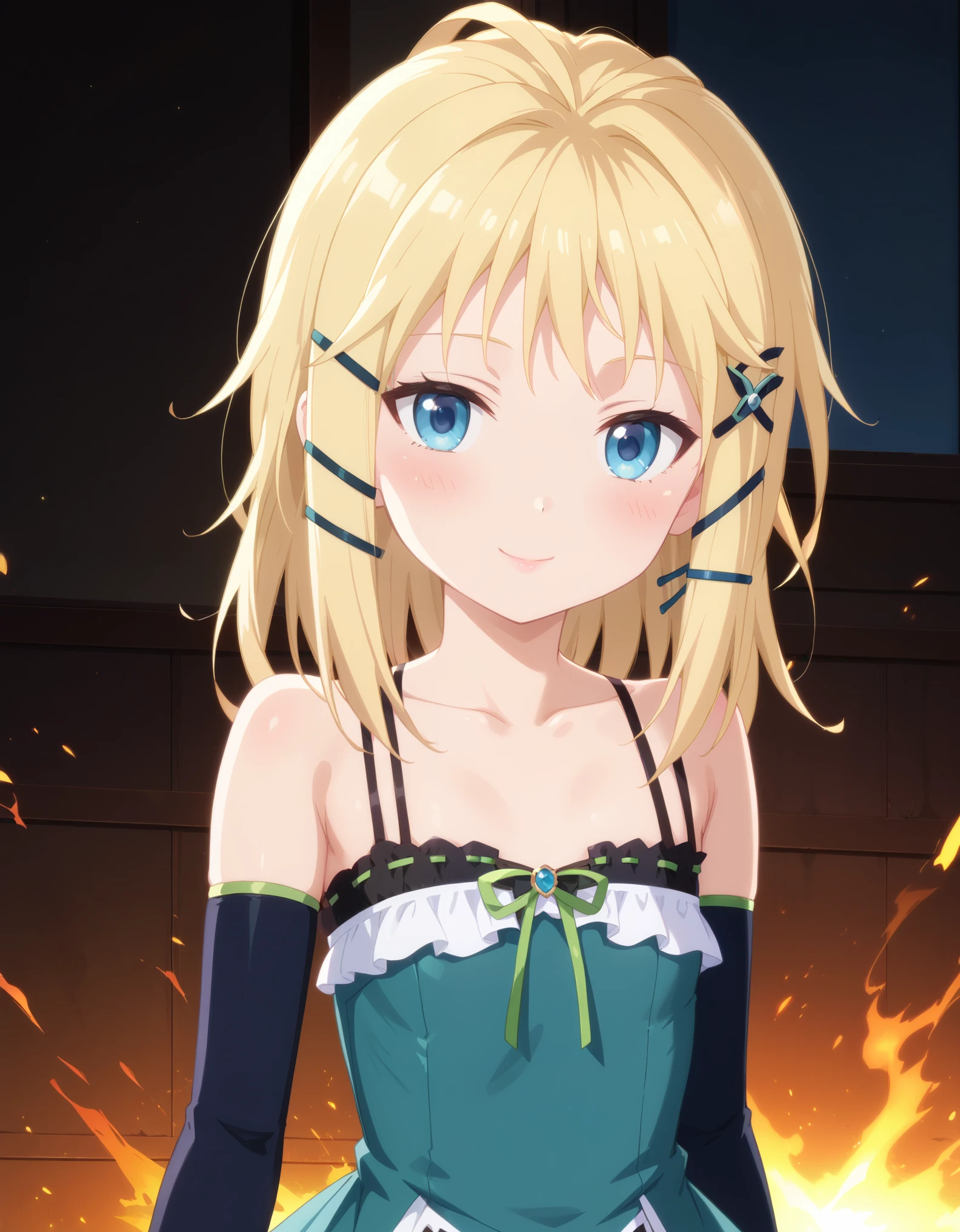 score_9, score_8_up, score_7_up, prefect lighting, very aesthetic, BREAK, anime screencap, anime coloring,
1girl, tina sprout, black bullet, blonde hair, blue eyes, hair ornament, flat chest, tinadress, dress, ribbon, bare shoulders, detached sleeves,
BREAK, light smile, blush, looking at viewer, cowboy shot, 
BREAK,