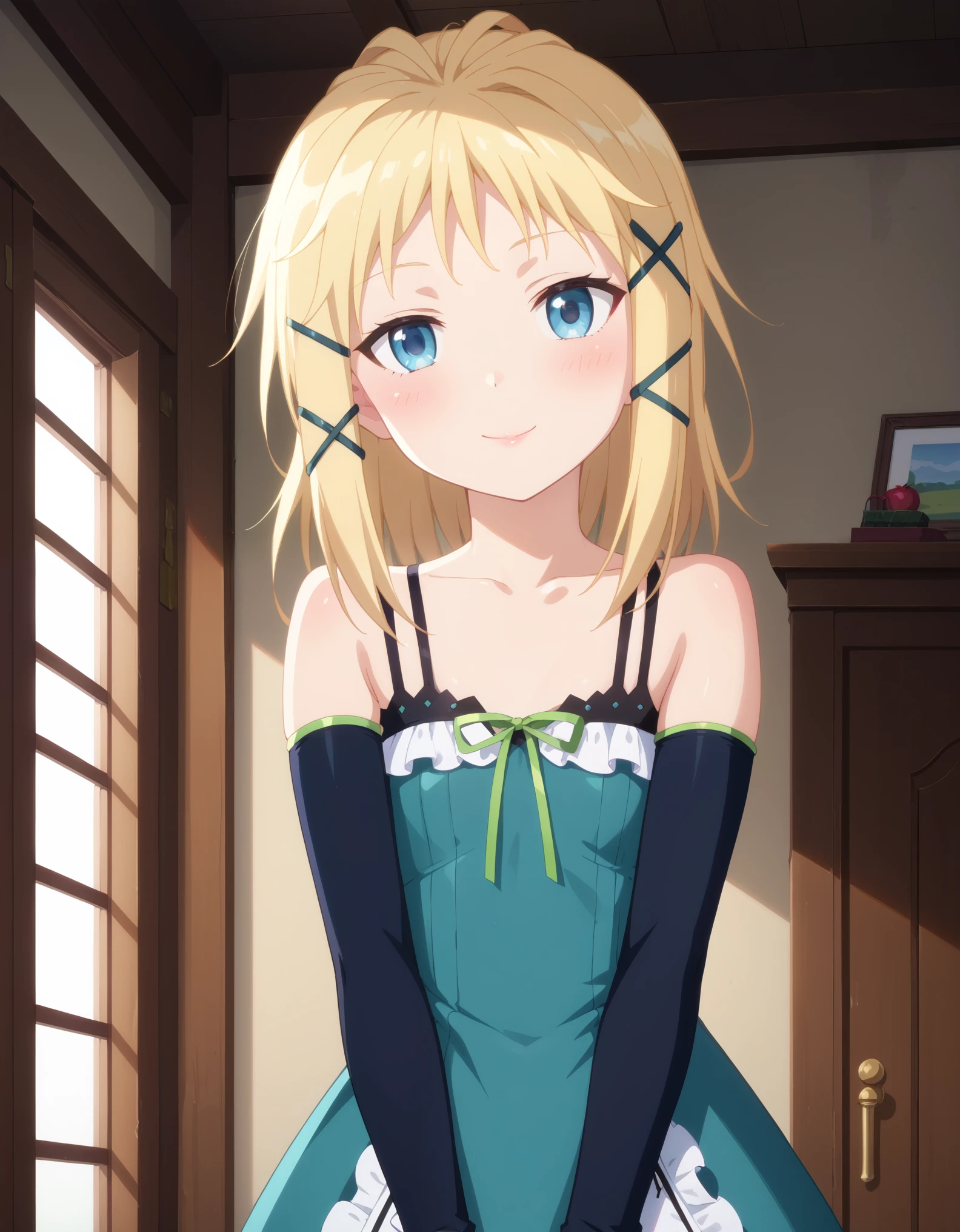 score_9, score_8_up, score_7_up, prefect lighting, very aesthetic, BREAK, anime screencap, anime coloring,
1girl, tina sprout, black bullet, blonde hair, blue eyes, hair ornament, flat chest, tinadress, dress, ribbon, bare shoulders, detached sleeves,
BREAK, light smile, blush, looking at viewer, cowboy shot, 
BREAK,