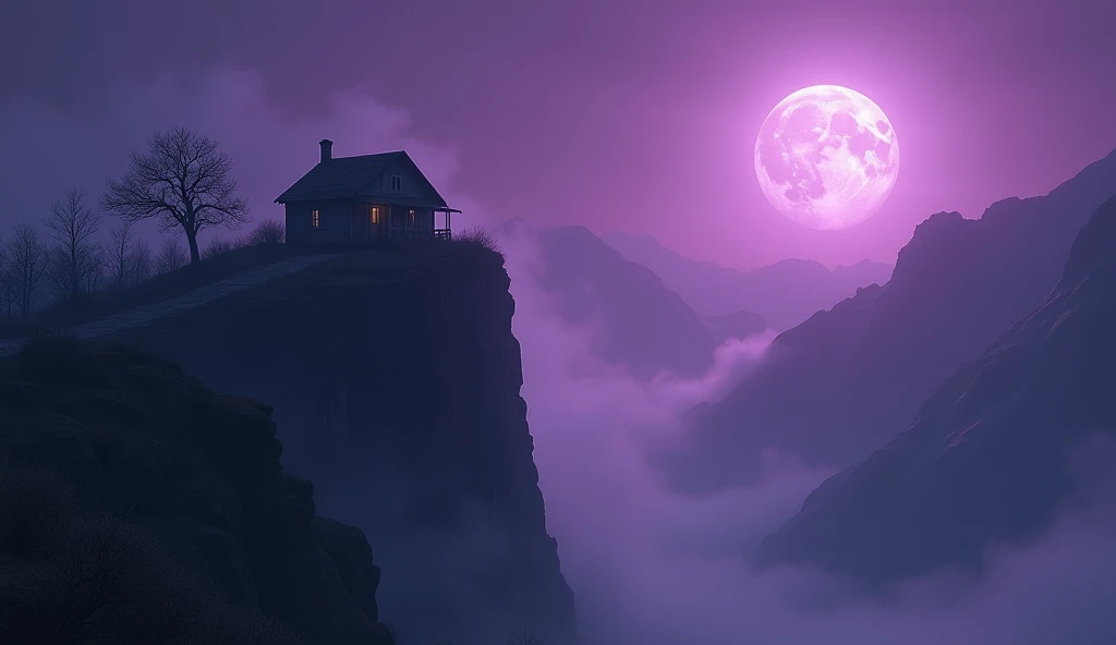 ((Purple mist and smoke shroud:1.7)), (Mysterious Fog:1.5), Generate an image portraying a horror ghost story unfolding in the high altitudes. Include chilling elements like an eerie full moon in a pitch-black night sky, an old decrepit cottage standing alone on a tall cliff, shadowy figures looming in the mist, and spectral apparitions floating around. The haunting swirls of fog should add to the unsettling ambiance. The terrain should be rugged and treacherous with steep slopes and sharp crags, adding to the sense of danger. The scene should invoke goosebumps and evoke a sense of chilling dread.