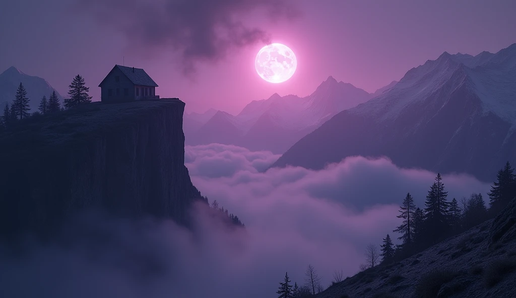 ((Purple mist and smoke shroud:1.7)), (Mysterious Fog:1.5), Generate an image portraying a horror ghost story unfolding in the high altitudes. Include chilling elements like an eerie full moon in a pitch-black night sky, an old decrepit cottage standing alone on a tall cliff, shadowy figures looming in the mist, and spectral apparitions floating around. The haunting swirls of fog should add to the unsettling ambiance. The terrain should be rugged and treacherous with steep slopes and sharp crags, adding to the sense of danger. The scene should invoke goosebumps and evoke a sense of chilling dread.