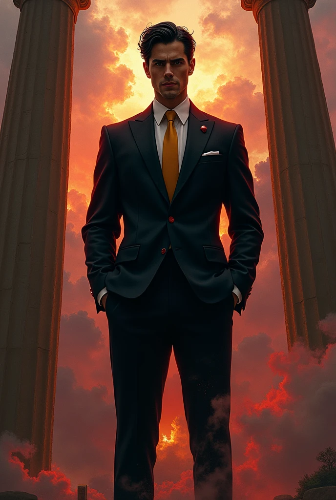 Lucifer wearing black, white, yellow and red