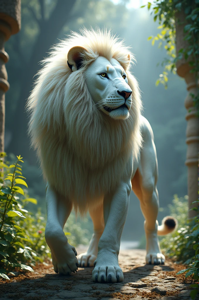 A chimera half human and half white lion, similar to a centaur, light touches of spider that looks like armor and two extra spider arms 