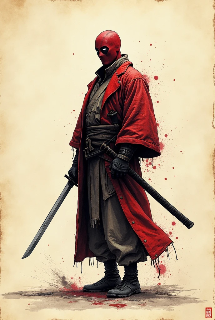 old book style ink illustration, on parchment, ink splashes, ink stains, ink smears, faded ink, samurai strong Dzungarian human, katana, coat, pantless, linquivera, on parchment, deadpool