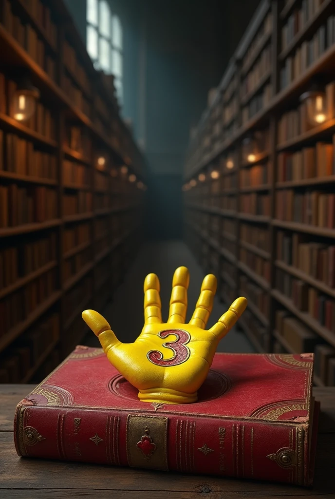 Old red book, with a yellow hand with 6 golden colored fingers printed on it and in the middle of the Yellow hand the number 3 drawn on it
