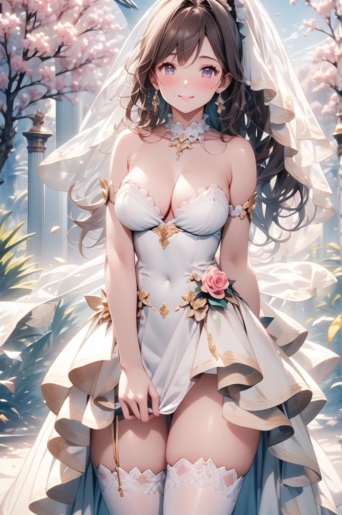 A woman in a dress and stockings standing in front of a tree, wedding dress, off the shoulder, long wedding veil, necklace, jewelry, (skirt parted in front), thigh highs, (panties:0.9), big rounds breasts, dark brown hair, long bangs, long hair, ponytail, wavy hair, expressive hair, shiny hair, hair flower, ribbon, aqua eyes, glowing eyes, pupils sparkling, earrings, smile, glossy lips, blush, embarrassed, nervous smile, beautiful detailed face and eyes, perfect anatomy, standing, outside, jewelry, high detail, anime, anime style, cinematic lighting, dithering, image fill, wallpaper, game cg, perspective, Wide-Angle, f/1.8, 85mm, Sony FE GM, 8k, super detail, UHD, retina, masterpiece, accurate, anatomically correct, textured skin, high details, best quality, highres, 16k