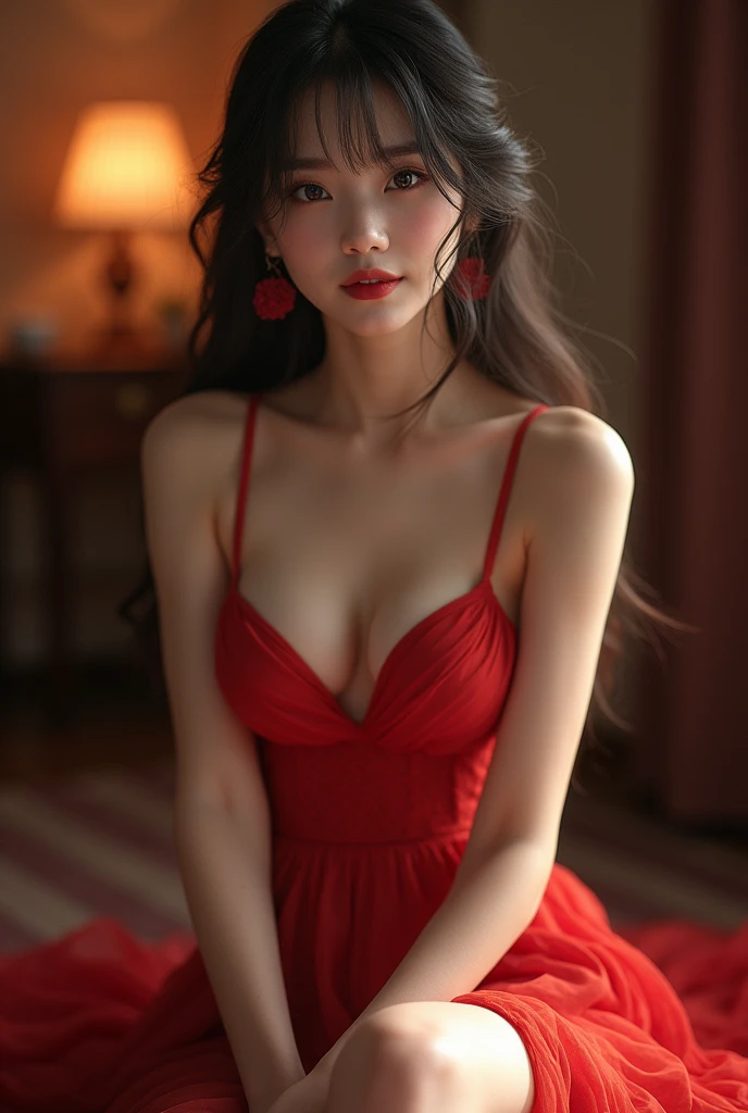 evening gown, Japanese young girl, ((Full breasts)), ((Visible cleavage)), ((The skirt is very short)), ((Sexy legs)), ((knee shot)), ((I-type Valley)), Practical, Fashion Girl, Red lips, Mature women, Exquisite makeup, big eyes, beautiful, (best quality, masterpiece:1.2), Extremely detailed, (Practical:1.37), ((Random Scenes, Random shooting angle)), ((Sexy long legs)), Young and energetic, Charming model, (Exquisite eyes, Delicate lips), Show a bright smile, Create stunning girl images, warm color, Extremely saturated colors, Official Art, Extremely detailed的 CG, Unity 8K wallpaper, (High Dynamic Range :1.4), (Movie atmosphere),(Soft colors), (Natural skin texture, ultra-Practical, Soft Light, sharp),(Very detailed), night, moonlight