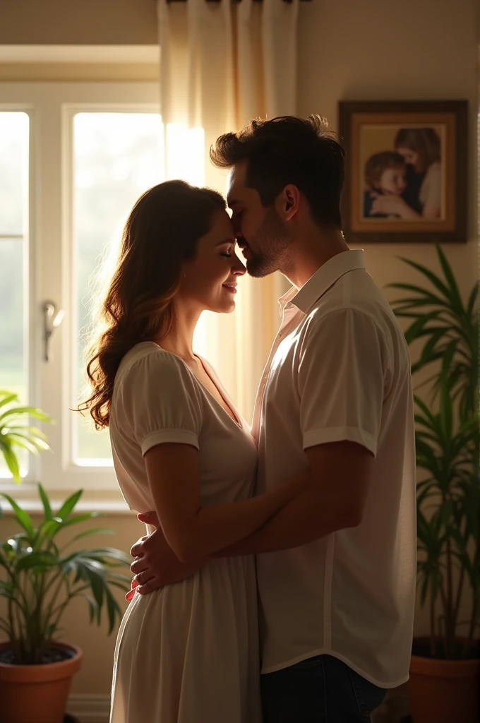 A married woman getting a kiss on forehead from her husband