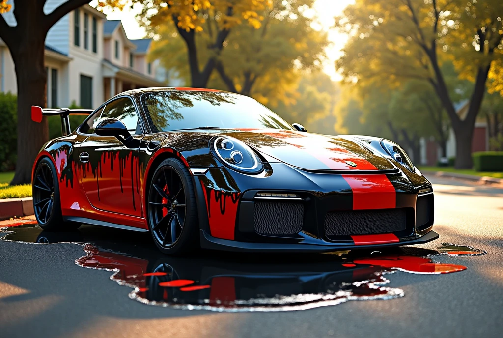 Modern Cartoon, depict a surreal scene with a Porsche 911 GTS, covered in thick, vibrant black liquid paint with a red race stripe down the center of the car that appears to be melting and dripping down the sides of the car. The paint puddles on the ground around the car, creating a flowing, almost organic appearance. The Porsche retains its sleek form beneath the dripping paint, with its distinctive curves and sharp details peeking through. The setting is in a suburban street, with trees in the background. The lighting should be warm and natural, casting soft reflections on the car's glossy surface, while the liquefied paint adds a playful and artistic twist to the otherwise ordinary scene.