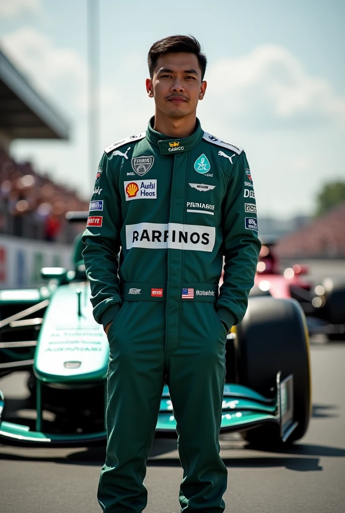 Filipino formula 1 driver in Aston Martin track suit with “Aramco” sponsor on the suit. with car in the background