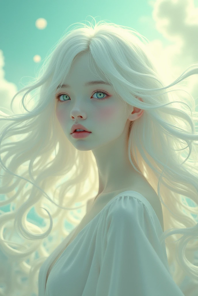 beautiful girl. white and flawless skin. White hair, long and semi-wavy. Two-colored eyes, one gray and one green. surreal art