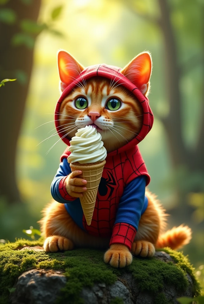 A realistic orange cat dressed as spiderman in a forest eating an ice cream