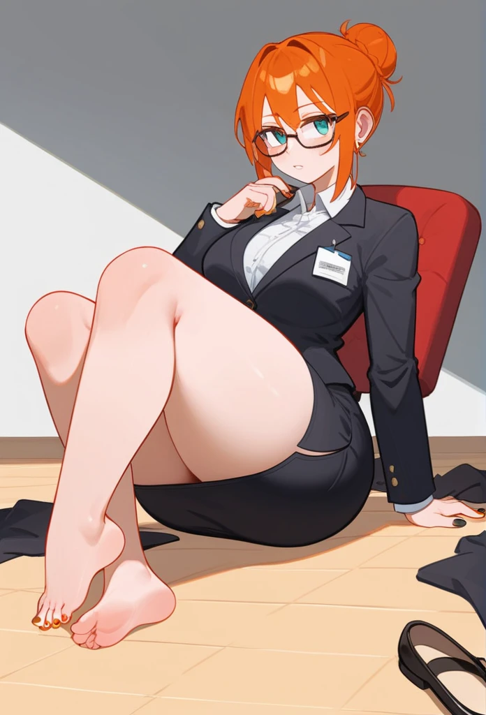 pale woman, 50 years old, ginger hair in a bun, glasses, tight black blazer, black pencil skirt, barefoot, small feet, 5 toes on each foot, nail polish, thick thighs, large thighs, wide hips, strict teacher, full body shown including feet, resting her feet, sitting on her chair, removed black pumps on the floor, голая пизда, голые сиськи, сиськи 10 размера, ультрадеталезированные соски, потные ножки, ахегао на лице, сперма на пизде