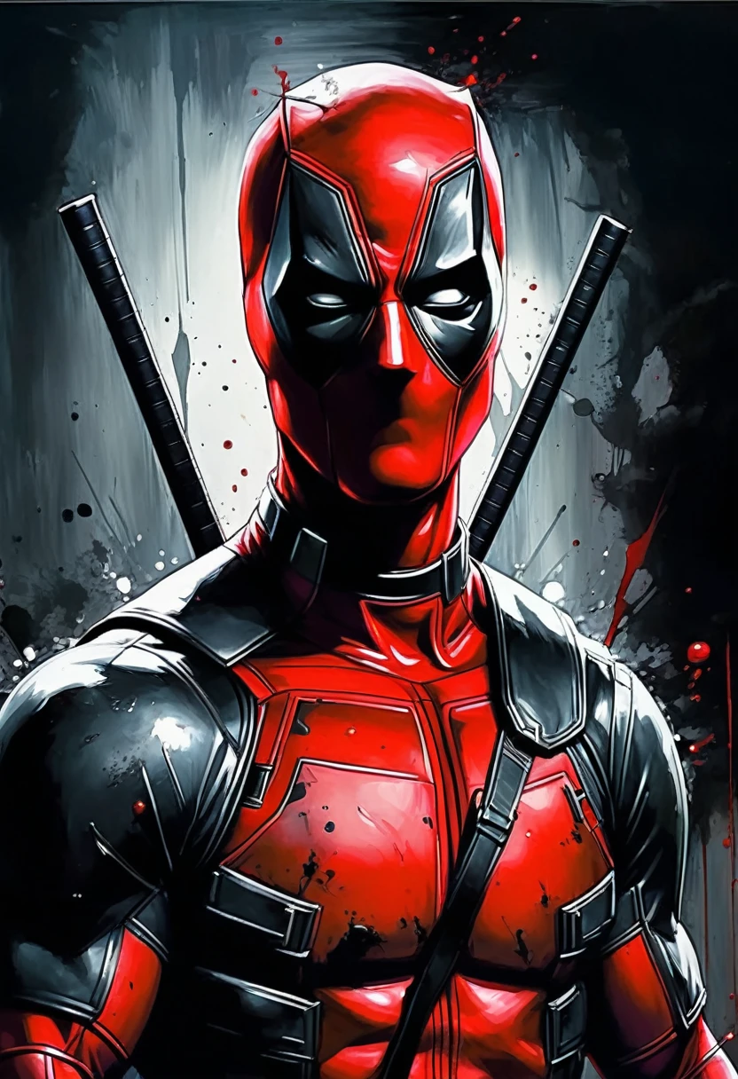 Deadpool, top hard light, dark environment, black over black, highly detailed, masterful painting in the style of Aleksi Briclot, oil on canvas
