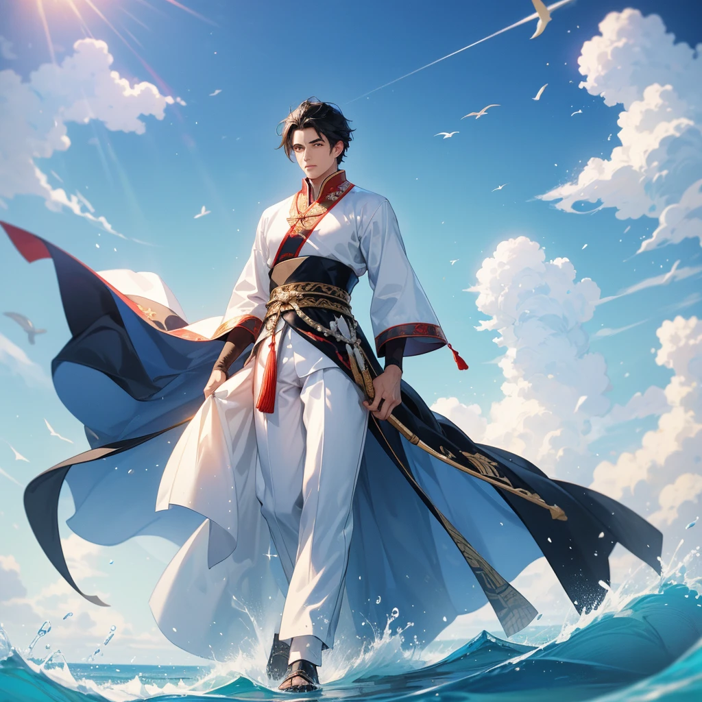Handsome black-haired male general holding a large sword in ancient Chinese general costume, walking on the beach. The sea is blue, the sky is clear, and there are low clouds. The sun shines and the sun rises.