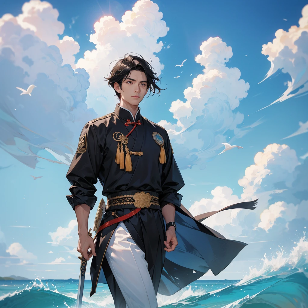 Handsome black-haired male general holding a large sword in ancient Chinese general costume, walking on the beach. The sea is blue, the sky is clear, and there are low clouds. The sun shines and the sun rises.