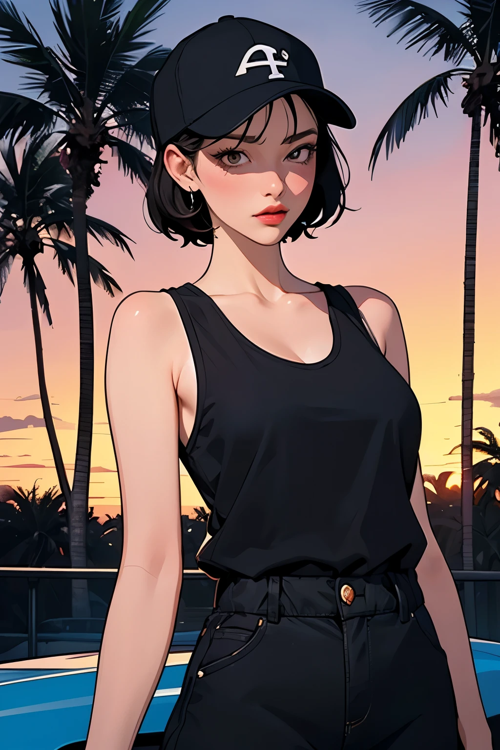 retro girl,tank top,Jumpsuit Shorts,short hair,sexy,Seductive,charming,Big breasts,Miami Baseball Cap, sunset, ferrari, palm tree, The 90s, (flat colors, Smooth texture, line art:1.2), graphic design, (Heavy ink, black ink),