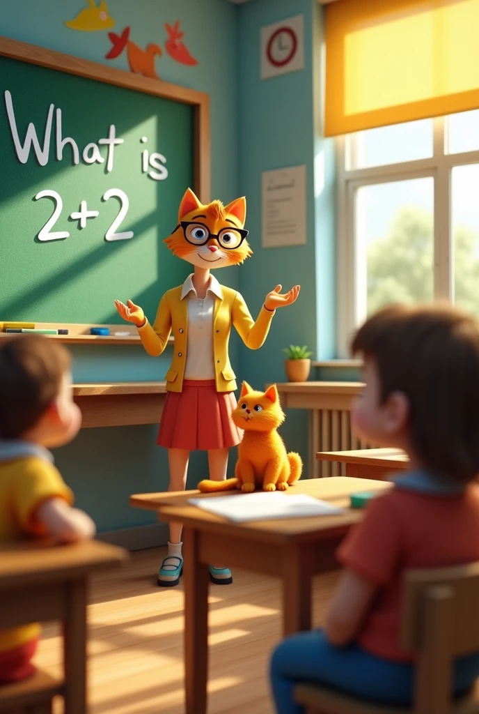 NOW GIVE ME A POCTURE WHERE THE THE TEACHER IS CALLING THE SMALL AND ORANGE CHAT TO COME AND SOLVE THE QUESTION WHICH HAS BEEN WRITTEN ON THE BOARD THE QUESTION MUST BE LOCATED IN THE PICTURE.