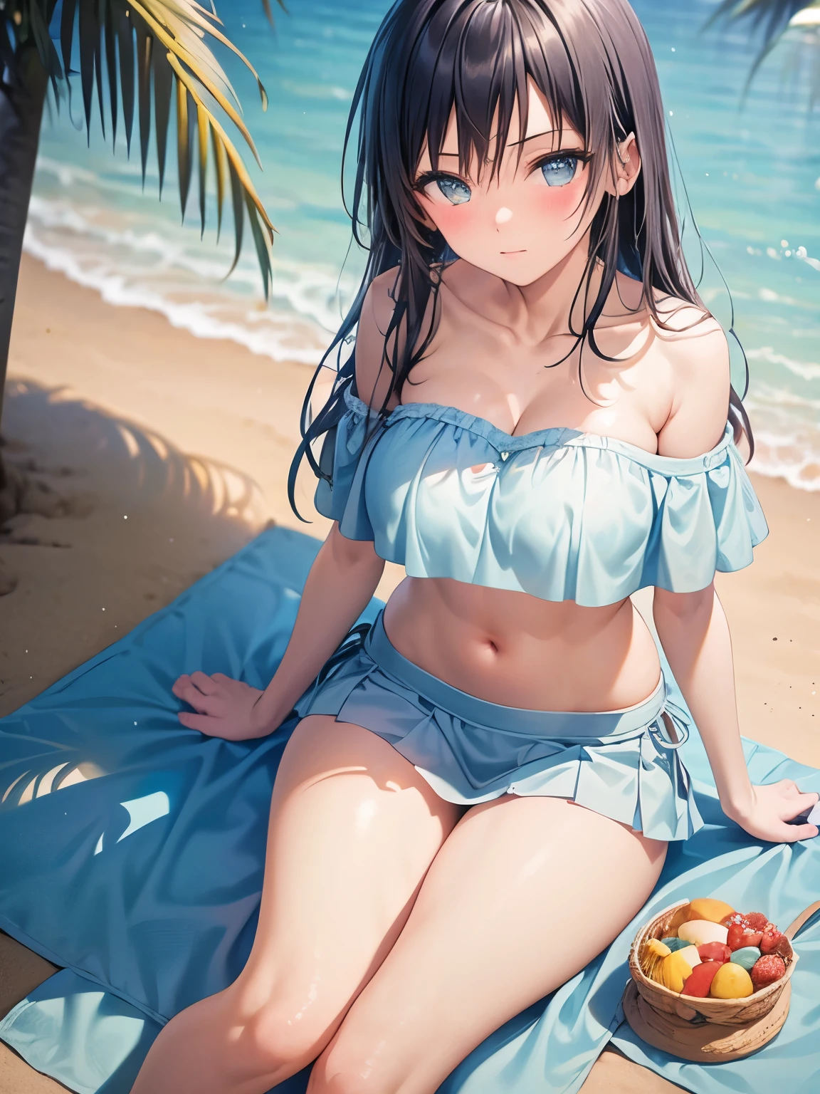 off-shoulder bikini　light blue　Floral、Pareo　light blue　Floral、Big Breasts、Beautiful feet、Aroused expression、Black Hair　long hair、Seaside　blue sky　Palm tree、sit　Leg spread　Picnic sheet、Firm stomach、Wet　whole body