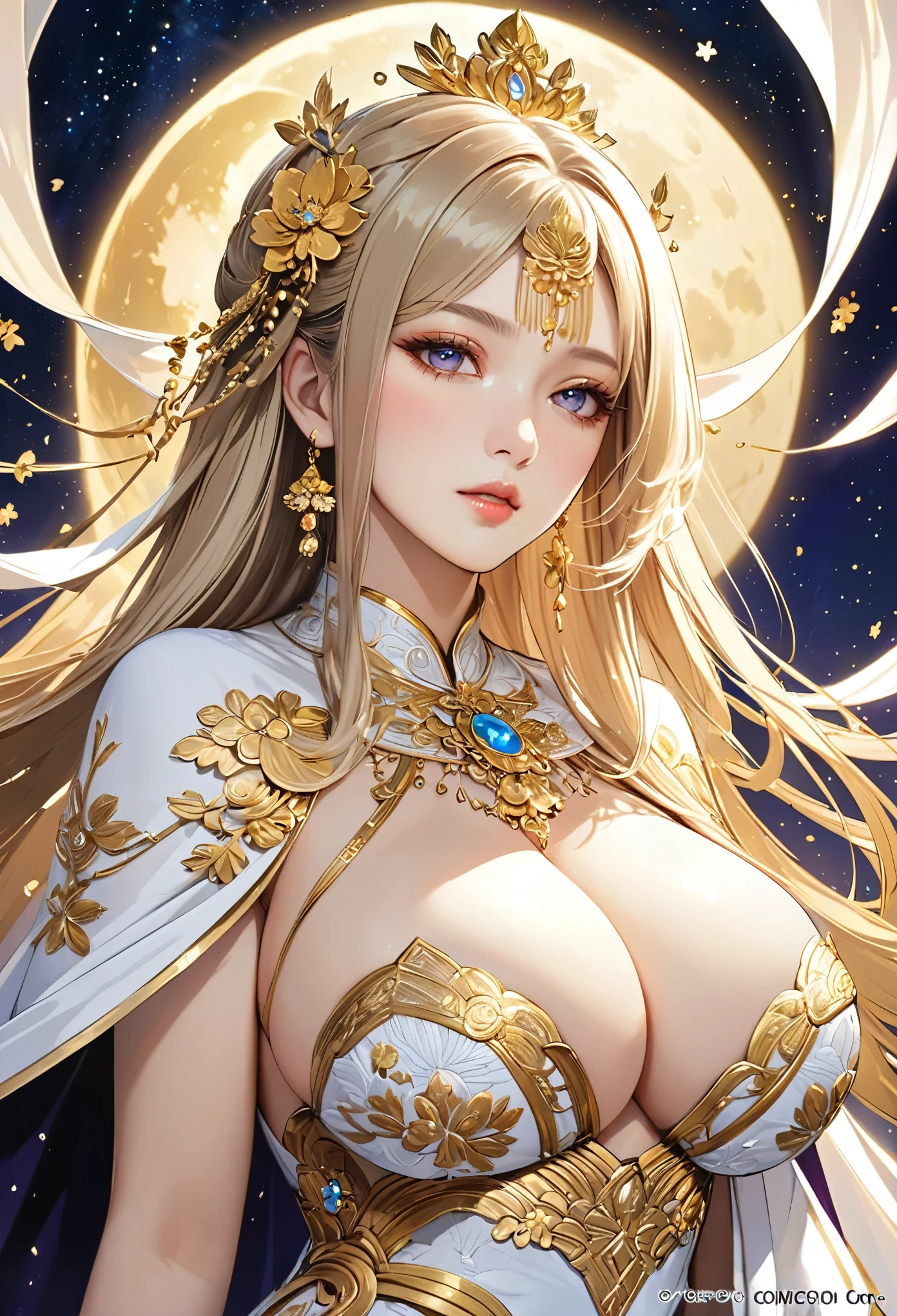 A beautiful dress with beautiful embroidery,(masterpiece, Highest quality, Highest quality, Official Art, beautifully、beautiful:1.2), (One person), Very detailed,chic,((Beautiful fantasy empress)), Most detailed, Perfect Face, High resolution, (pray:1.3), (White Cape, Golden line:1.2), Impressive visuals, Vibrant colors,Saggy breasts, Huge breasts,Cleavage,Hair parted in the middle,Long Hair,blonde,Mature Woman,A portrait of an anime goddess wearing a beautiful embroidered dress,Golden embroidery on white cloth,beautifully優雅な女王, Beautiful Heavenly Magician, Starry sky background,Moon Goddess