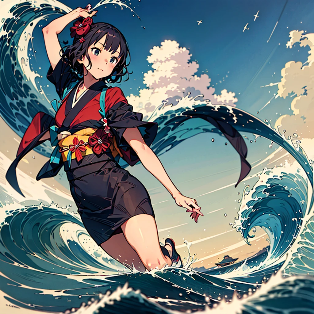 Highest quality、Masterpiece、Official Art、Dynamic composition、Handsome face、A beautiful girl in a kimono surfing in a painting by Katsushika Hokusai,katsushika hokusai,