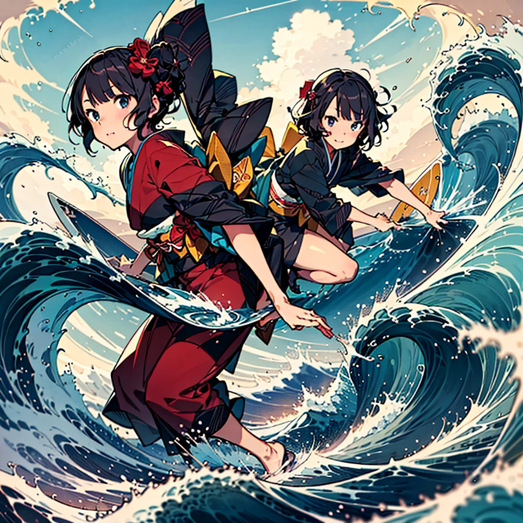 Highest quality、Masterpiece、Official Art、Dynamic composition、Handsome face、A beautiful girl in a kimono surfing in a painting by Katsushika Hokusai,katsushika hokusai,