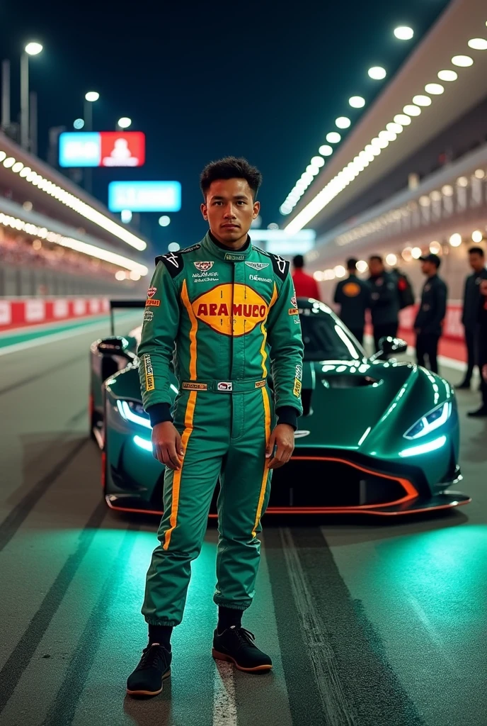 Filipino formula 1 driver in Aston Martin track suit with “Aramco” sponsor on the suit. with car in the background