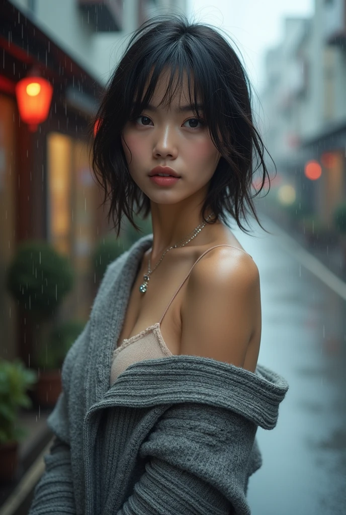 (top-quality、8k、32k、​masterpiece、UHD:1.2、Perfect Body Beauty:1.4、Slim abs:1.2、Layered hairstyle、Colossal tits:1.2、undergarment、Rain、Street、:1.2、Photo of a cute Japanese woman、large full breasts、Long、The upper part of the body、Necklace Focal、oversize_sweater、a necklace、simple background、From above、looking at the viewers