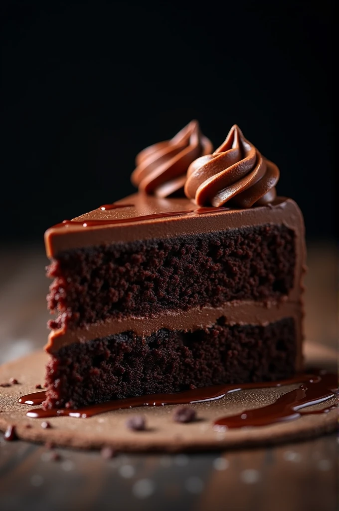cinematic film still chocolate, chocolate cake, dark background, quality photo, moist texture, frosting, studio photo, slice . shallow depth of field, vignette, highly detailed, high budget, bokeh, cinemascope, moody, epic, gorgeous, film grain, grainy