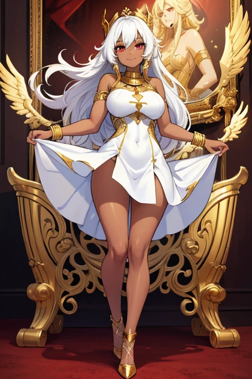 Beautiful woman with long white hair, dark skin and red eyes in white evening dress,gold tiara,Gold ornaments,gold necklace,cleavage,Bare Legs,sandals,((best quality)), ((masterpiece)), (detailed:1.4), Anime style,White Rose,desert,river