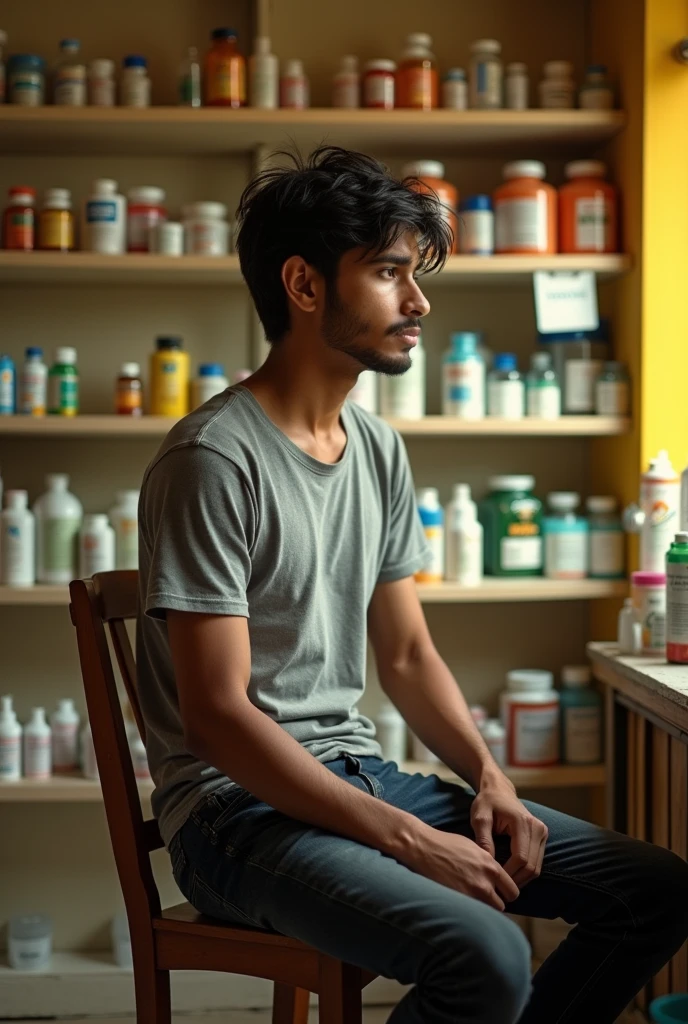 a young boy, 20 years old , skinny, sitting on a chair in a medical shop,v shape face, looking like Indian, looks mature,
