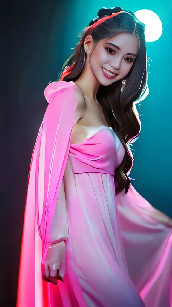 masterpiece, best quality, julia fe,  1girl, solo, long hair, looking at viewer, blush, smile, negative space, (bioluminescence:1.2), darkness, dark background, long sleeves, dress, bare shoulders, medium breasts, very long hair, wide sleeves, cape, white dress, circlet