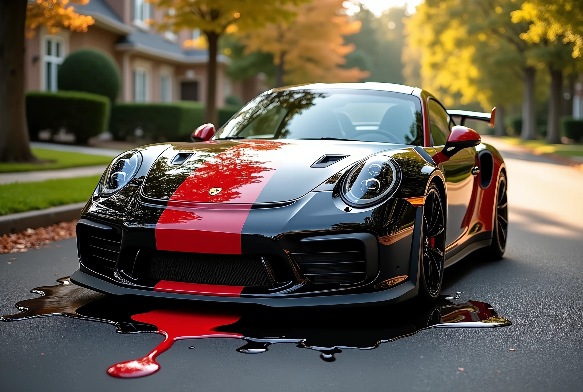 realistic, depict a surreal scene with a Porsche 911 GTS, covered in thick, vibrant black liquid paint with a red race stripe down the center of the car that appears to be melting and dripping down the sides of the car. The paint puddles on the ground around the car, creating a flowing, almost organic appearance. The Porsche retains its sleek form beneath the dripping paint, with its distinctive curves and sharp details peeking through. The setting is in a suburban street, with trees in the background. The lighting should be warm and natural, casting soft reflections on the car's glossy surface, while the liquefied paint adds a playful and artistic twist to the otherwise ordinary scene.