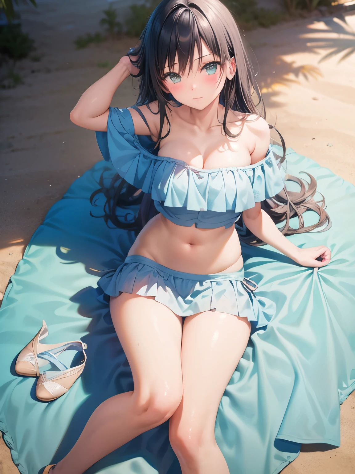 off-shoulder bikini　light blue　Floral、Pareo　light blue　Floral、Big Breasts、Beautiful feet、Aroused expression、Black Hair　long hair、Seaside　blue sky　Palm tree、Lying down　Parasol　Sunbathing chair、Firm stomach、Wet　whole body