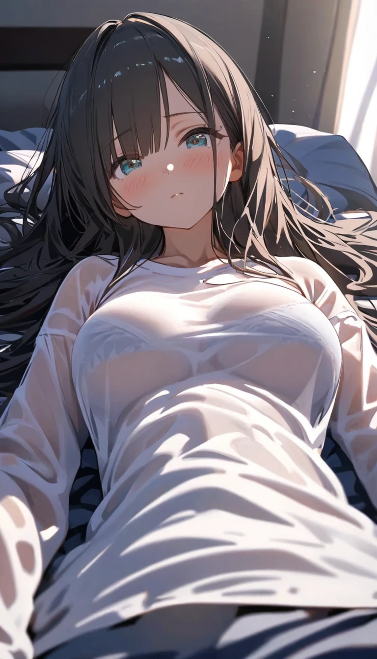 , solo, lying, blush, on bed, indoors, lying on bed, 黒タイツ, long hair, asymmetry bangs,medium breasts, over sized long sleeve white shirts, see-through shirts, looking at viewer, from below, 