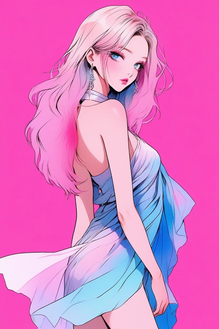 Illustrator, anime , Realistic ,sketch , 1 person, model, Age 25, lip, A revealing, sheer chiffon wrap dress, order, Blue and pink gradient background, Neon Medium Hair, Big Breasts, look back, A rose in one hand, Sexy look, Texture Trim, Canadian, (masterpiece,Highest quality)