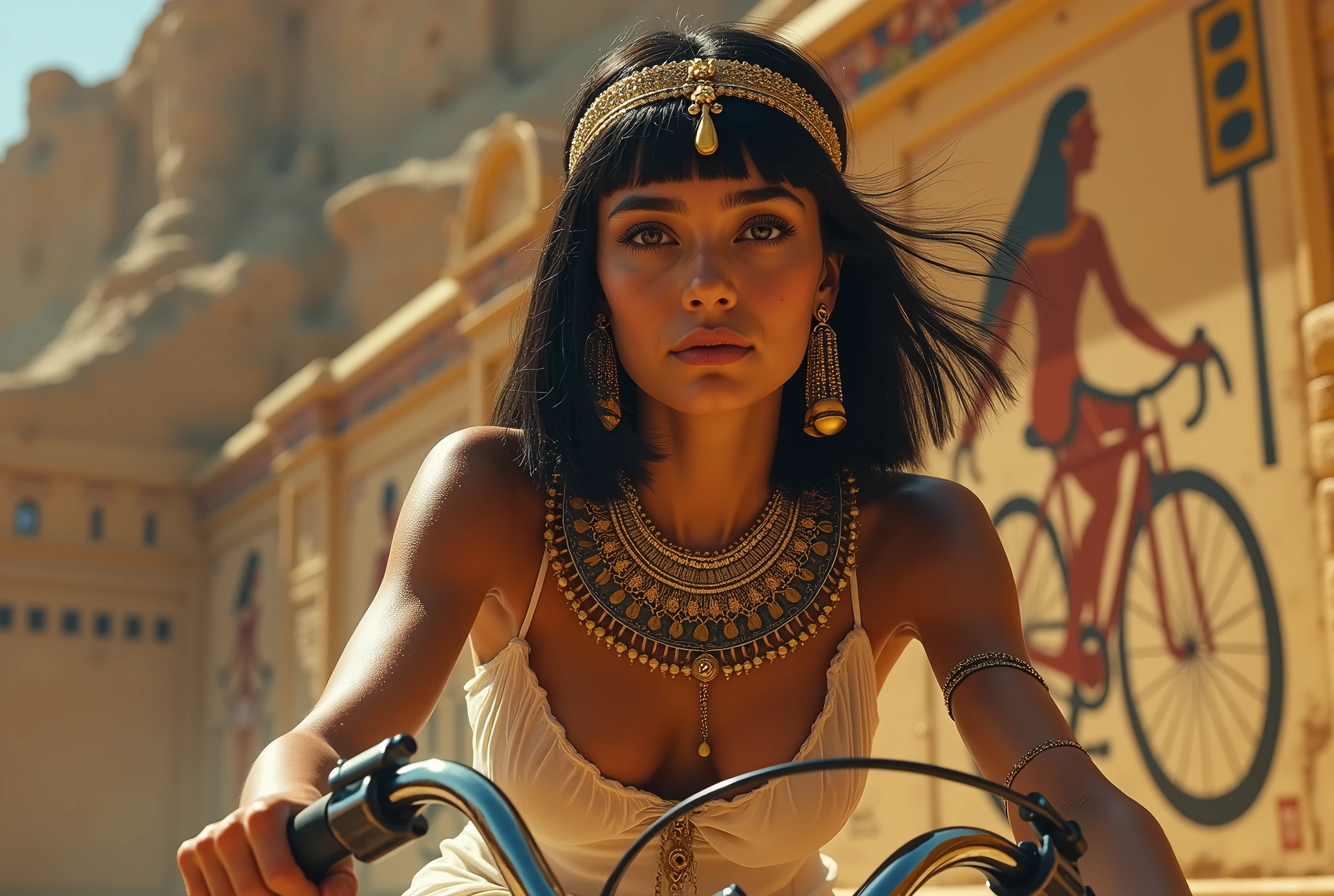 Cleopatra riding a bicycle in front of a mural of a woman riding a bicycle, beautifully detailed eyes, beautifully detailed lips, extremely detailed eyes and face, long eyelashes, intricately decorated dress, graceful pose, ancient Egyptian architecture, intricately detailed stone murals, vibrant colors, dynamic lighting, photorealistic, 8k, masterpiece, digital art, fantasy, film