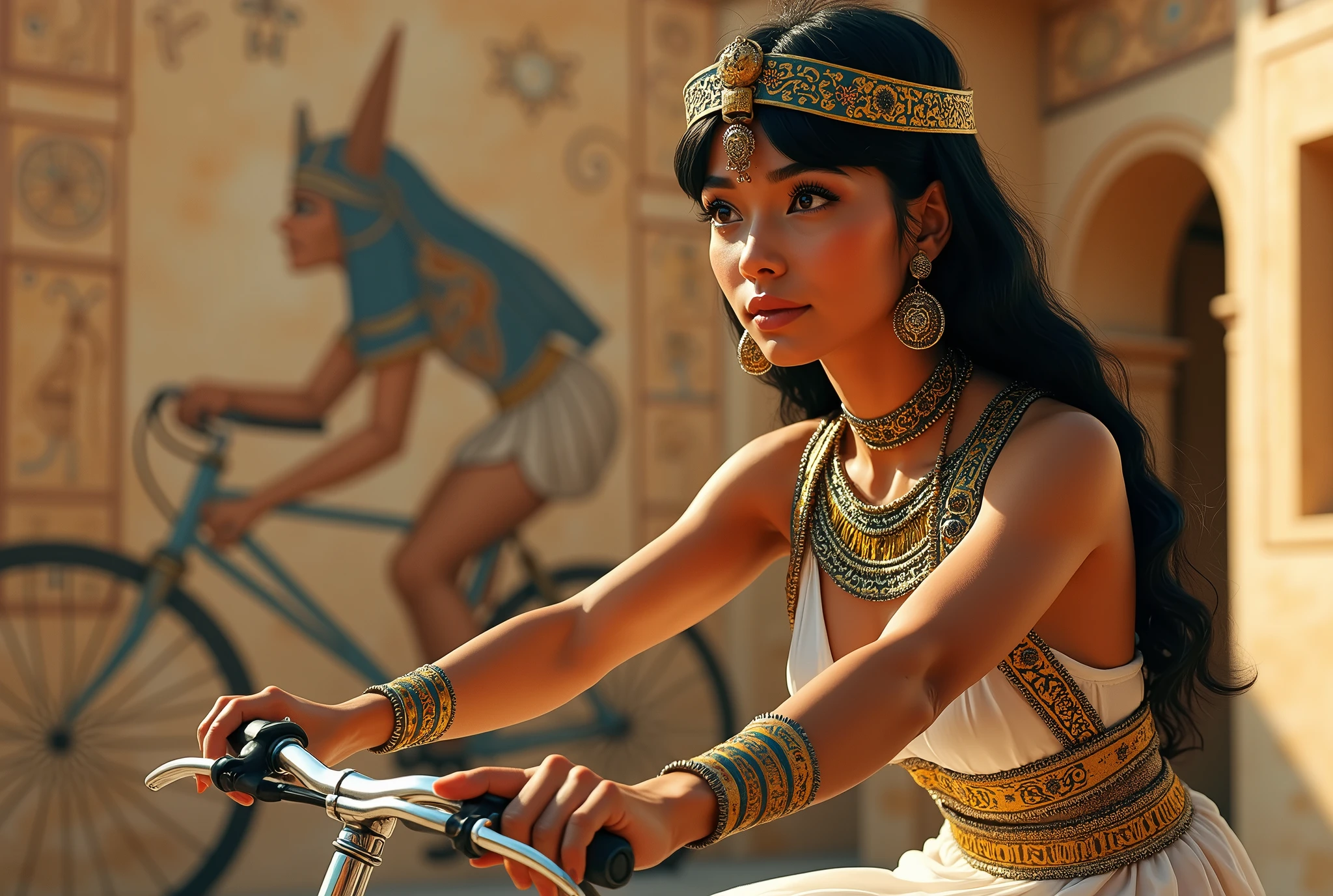 Cleopatra riding a bicycle in front of a mural of a woman riding a bicycle, beautifully detailed eyes, beautifully detailed lips, extremely detailed eyes and face, long eyelashes, intricately decorated dress, graceful pose, ancient Egyptian architecture, intricately detailed stone murals, vibrant colors, dynamic lighting, photorealistic, 8k, masterpiece, digital art, fantasy, film