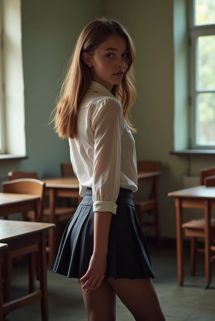 Girl in uniform, is beginning to undress