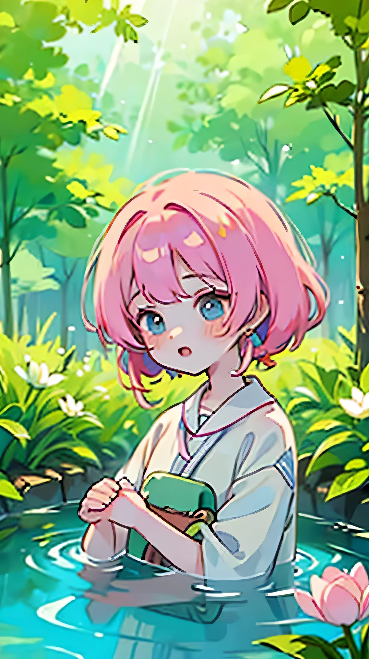 (high quality) (best quality) (a woman) (correct physiognomy) A youthful woman with pink hair, big blue eyes, white skin, with a calm expression, surrounded by green plants and tulip flowers in a pond in the middle of the forest, butterflies flying around. lofi picture, chill, tender, sunlight as illumination. Clothes not very covered