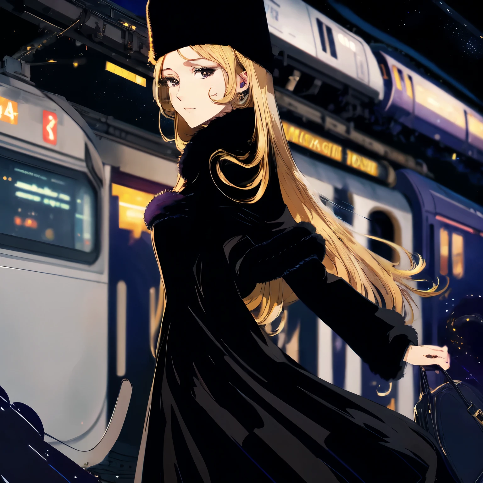 masterpiece, High resolution, 4K, high detail, High quality, high detailed background, photorealistic, backlighting, midnight, galaxy express 999, galaxy image, stary sky, railway to the galaxy,
1girl, at train station, looking other, (profile:0.5), with train conductor,
black eyes, small breasts,(closed eyes:0.3) travel bag, upper body,
maetel, long hair, blonde hair, fur trim, black headwear, fur hat, dress long boots black,